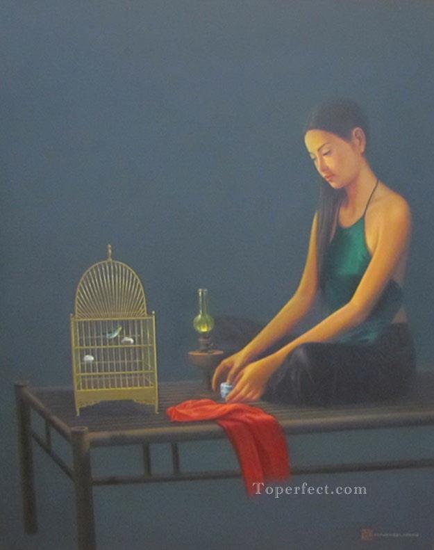 Lady with birdcage Vietnamese Asian Oil Paintings